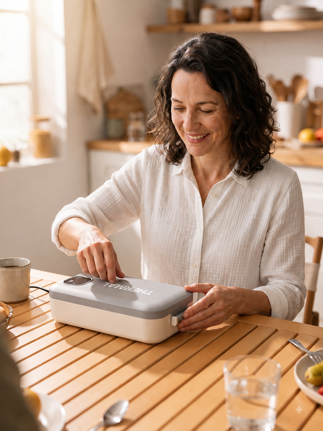The person is holding a self-heating lunchbox.