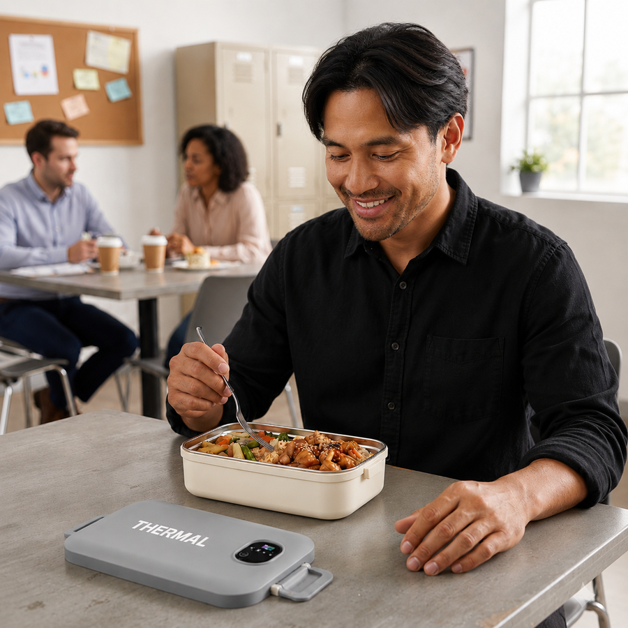Customer eating a warm homemade lunch from THERMAL